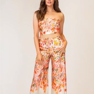 Hemline Floral Strapless Top and Wide-Leg Pants Set